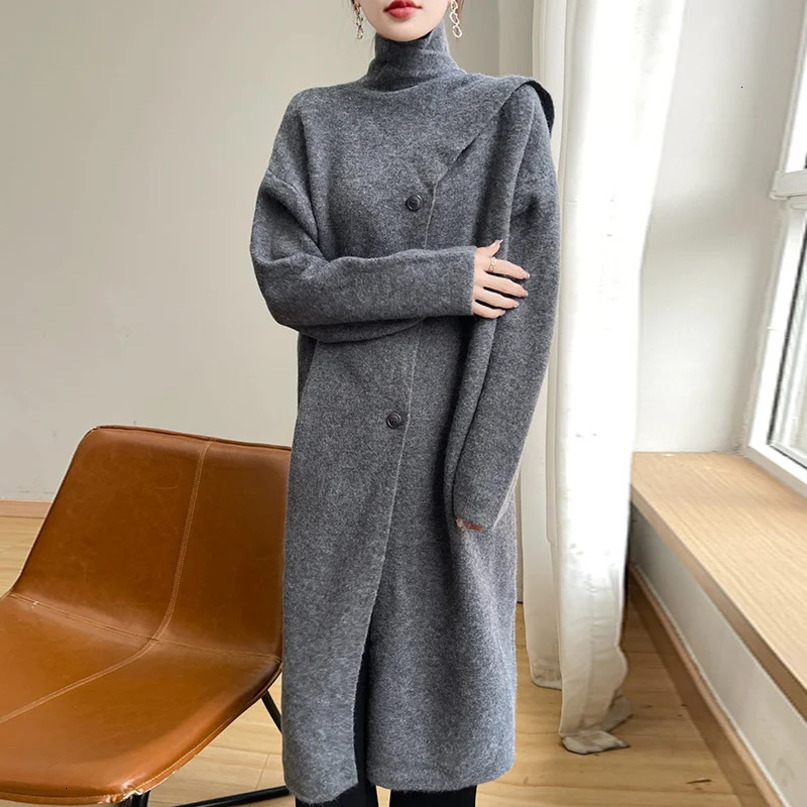 Autumn and Winter Womens Knit Coat Fashion Andy Velvet Comes with Shawl Stand Collar Loose AllMatching Sweater 241203