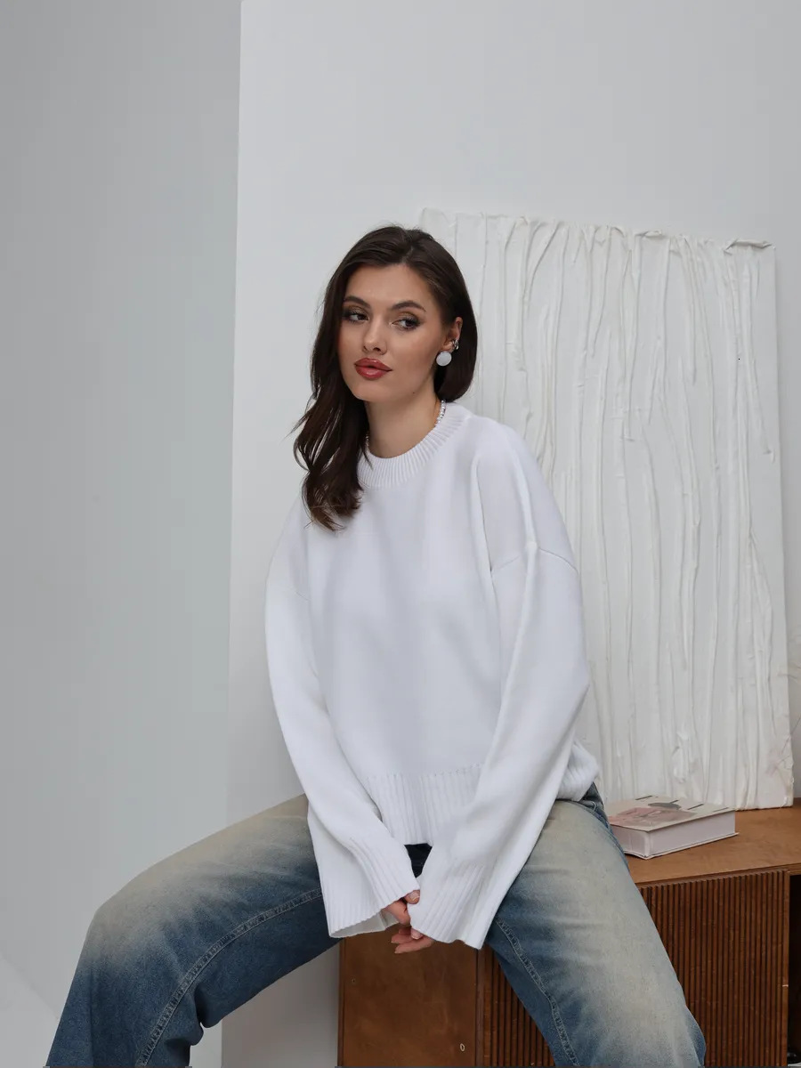 Knitted Sweater Winter New Sweet Round Neck Pullover Loose Solid Color Long Sleeve Versatile Knitted Sweater for Women 250917