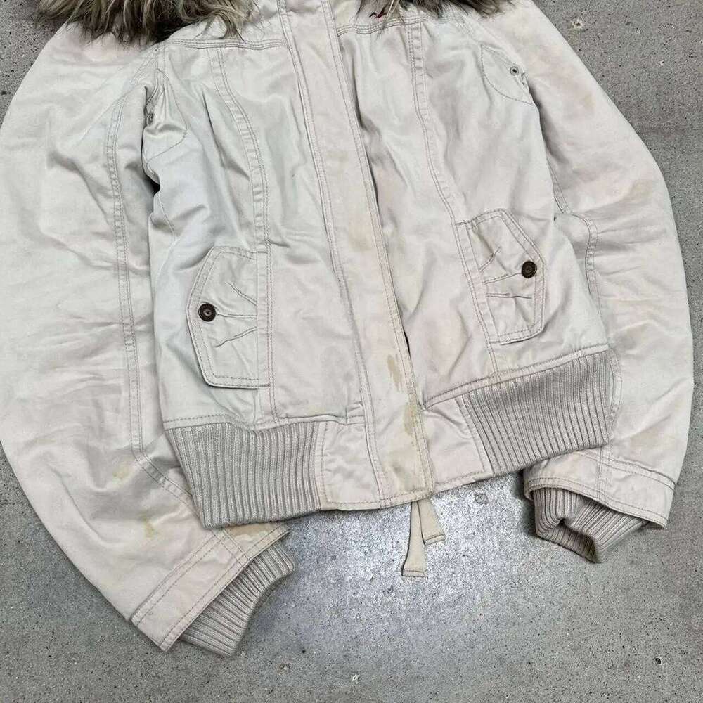 American Street Retro Fur Lined Hooded Jacket Womens White Zipper Coat Warm Plush Gothic Fashion Casual Y2k Style Coats