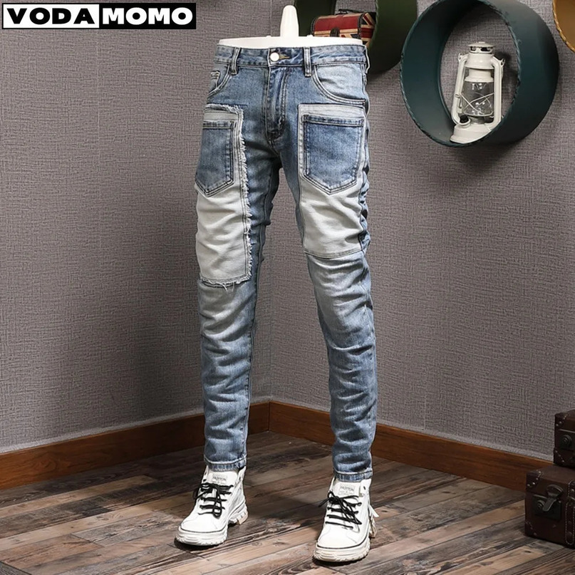 Autumn Winter Mens Retro Spliced Jeans Fashion Personalized Elastic Casual Pants y2k Clothes Men Baggy 240619