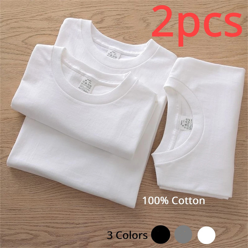 2PCS 100% Cotton Solid T Shirts Mens and Womens Short Sleeve White Tees Casual Breathable Loose Round Neck Tshirt Couple Tops 250113