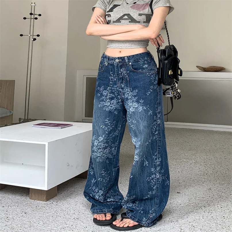 Premium Y2K Jeans Artistic Floral Printed Distressed Denim Relaxed Straight Leg Palazzo Pants 2664 250612