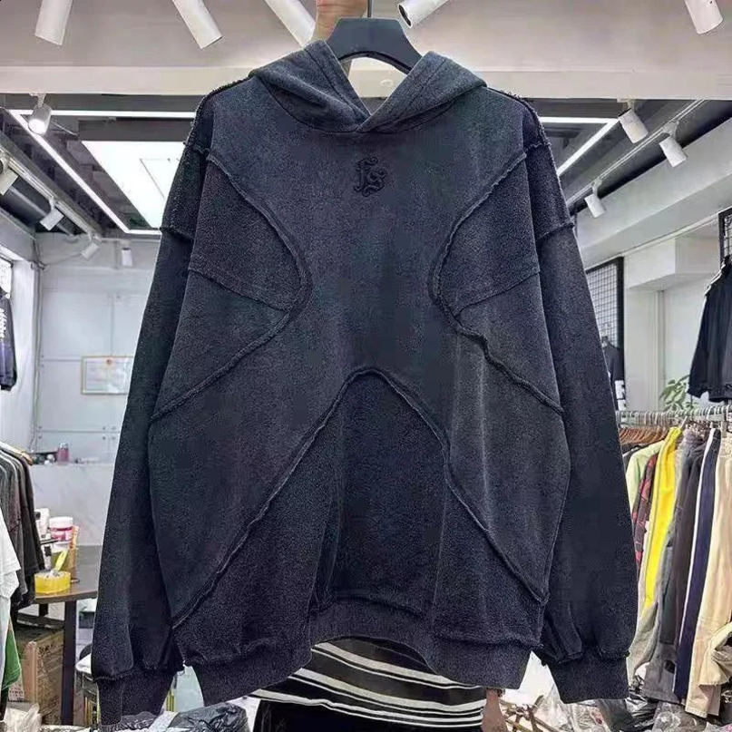 Vintage Wash Embroidery Splicing Hoodies Men Woman Quality Thick Fabric Oversized Trend Motion Pullover 241203