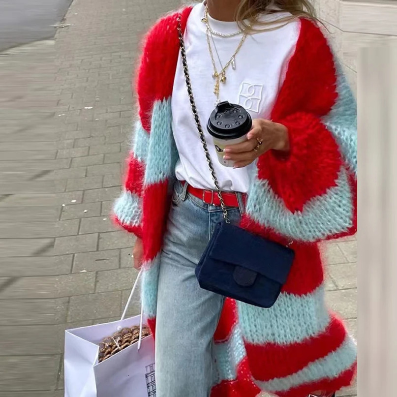 Color Blocking Loose Cardigan Womens Vneck Long Sleeved Street Casual Sweaters Fashion Striped Printed Warm Jackets 241203