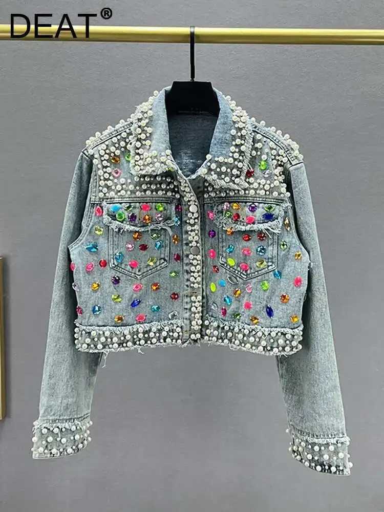 DEAT Womens Denim Coat Full Pearls Colored Beaded Crystal Long Slve Cool Burrs Female Jackets 2025 Summer New Fashion 29L4067 L251010VPV1