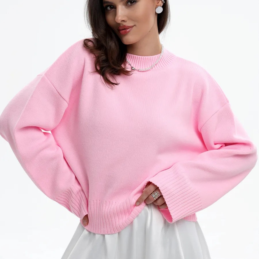 Knitted Sweater Winter New Sweet Round Neck Pullover Loose Solid Color Long Sleeve Versatile Knitted Sweater for Women 250917