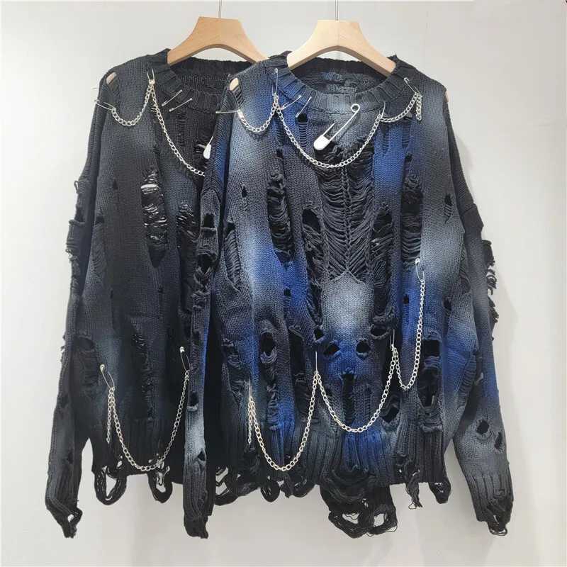 DEAT Womens Knitted Pullover Tiedye Holes Chains Pins Loose Long Slve Oneck Sweaters 2025 New Fashion Autumn 29A2729 L2510102QVT