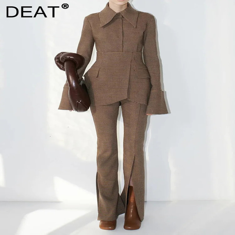 DEAT Autumn Womens Fashion Collar Slimming Long Sleeve Coat and High Straight Plain Pants 17A701 241115