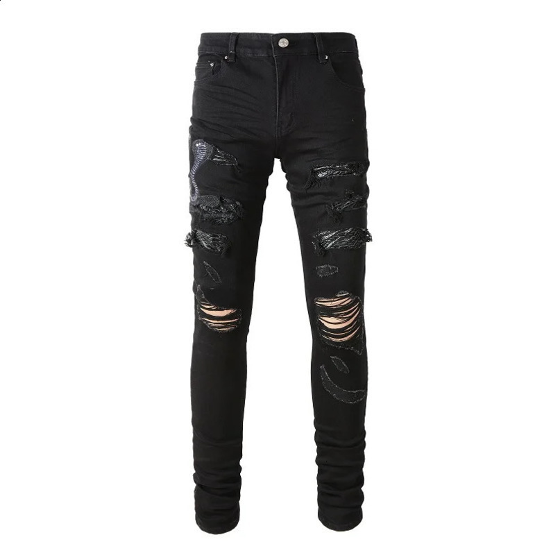 Mens punk embroidered snake decal skin leather perforated jeans street hiphop ner ripped fashion ultrathin black pants 240819