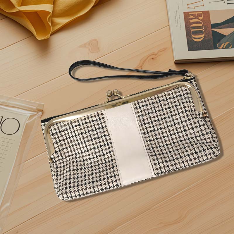 Wallets Women's Retro Houndstooth Long Zipper Wallet - Gold - Trimmed Frame Clutch with Easy Storage, Ideal for Daily & Evening Outings STBR7