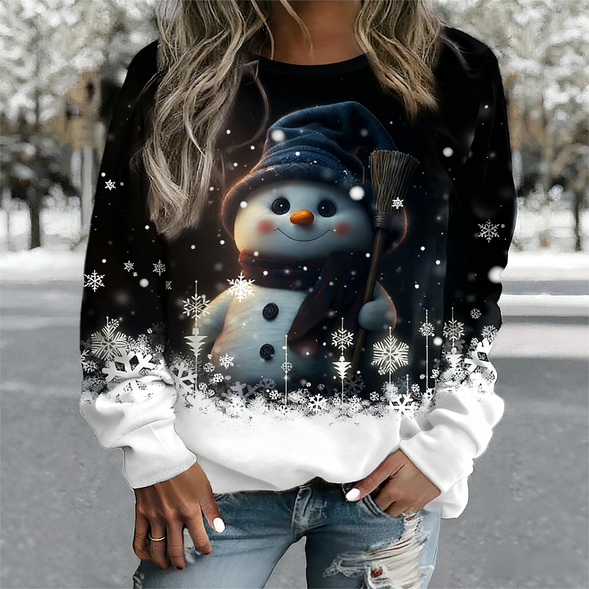Women's New Christmas Snowman & Snowflake Print Sweatshirt - Festive Versatile Black & White Top-CF40393