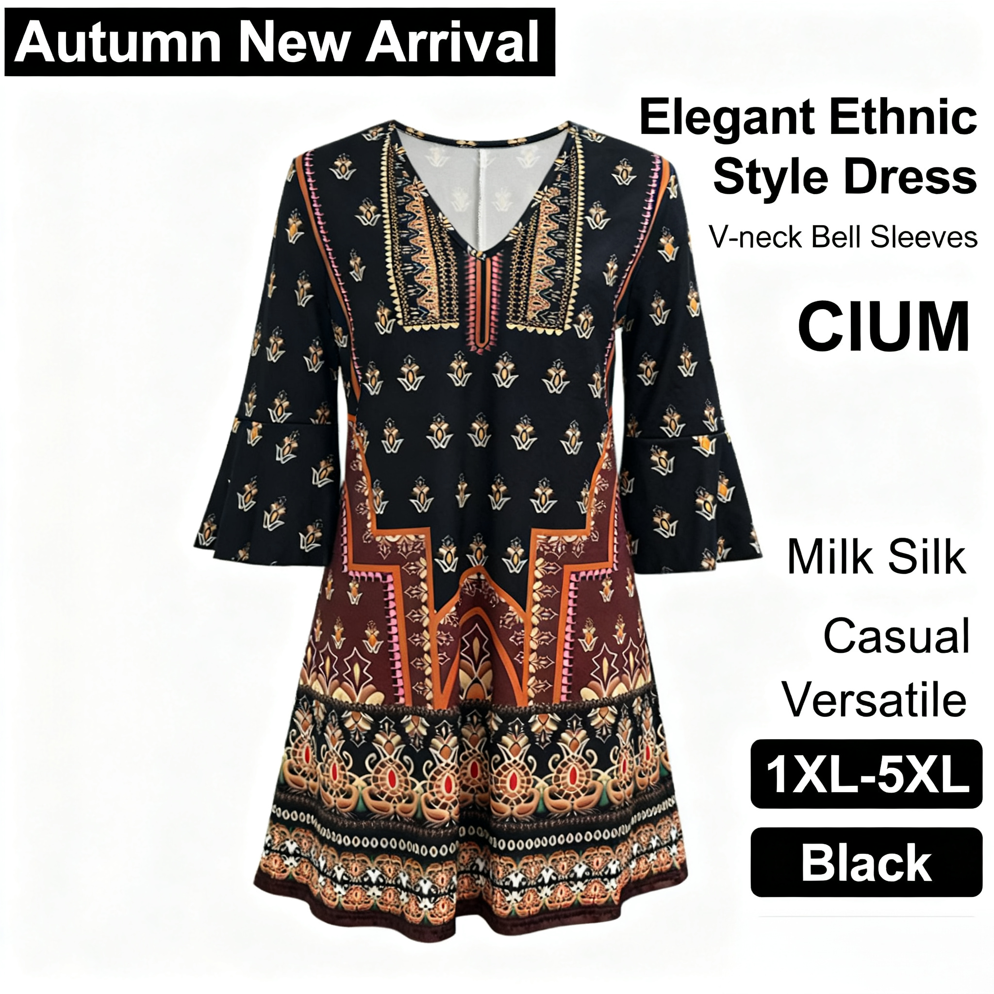 Women's Autumn New Plus - Size Ethnic - Style Printed Dress - Elegant & Versatile Office - Wear Black Dress-YL25404