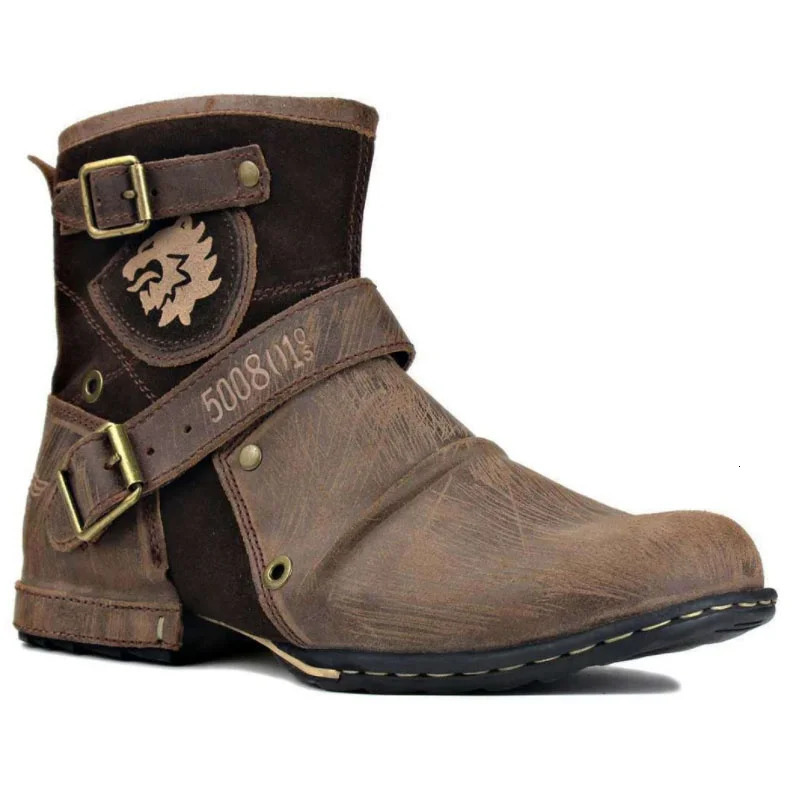 Mens Ankle Boots High Quality Cowboy Boots Men Metal Buckle Side Zipper Motorcycle Boots Gothic Boots Retro Western Boots 251010