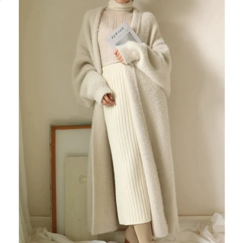 Artificial mink cashmere cardigan autumn and winter womens soft lazy long coat thick knitted sweater 240906