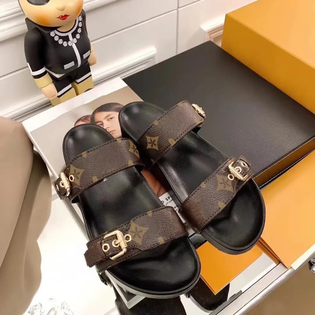 Bom Dia Genuine Leather sandal Slipper Casual Shoe summer beach gladiator Mules hasp New womans Flat Slide luxury Designer Sliders sandale 35-44