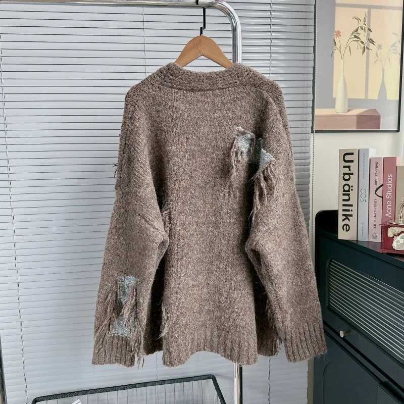 DEAT Womens Cardigan Vneck Patchwork Tassel Loose Long Slve Irregular Knitted Sweaters 2025 New Autumn Fashion 29A3213 L251010LW2Q