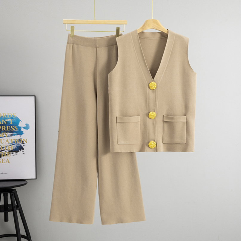 2 Pieces Casual Knit Suit for Women Vneck Sleeveless Single Breasted Slim Tank Wideleg Pants Female Set Spring Summer w250729