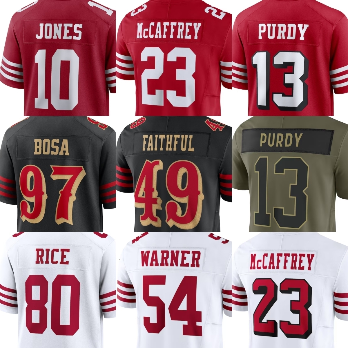 Mac Jones 49 Jersey Football Christian McCaffrey Fred Warner Brock Purdy Ricky Pearsall Jerry Rice Joe Montana Kendrick Bourne Brian Robinson Jr Marques Sigle Youth