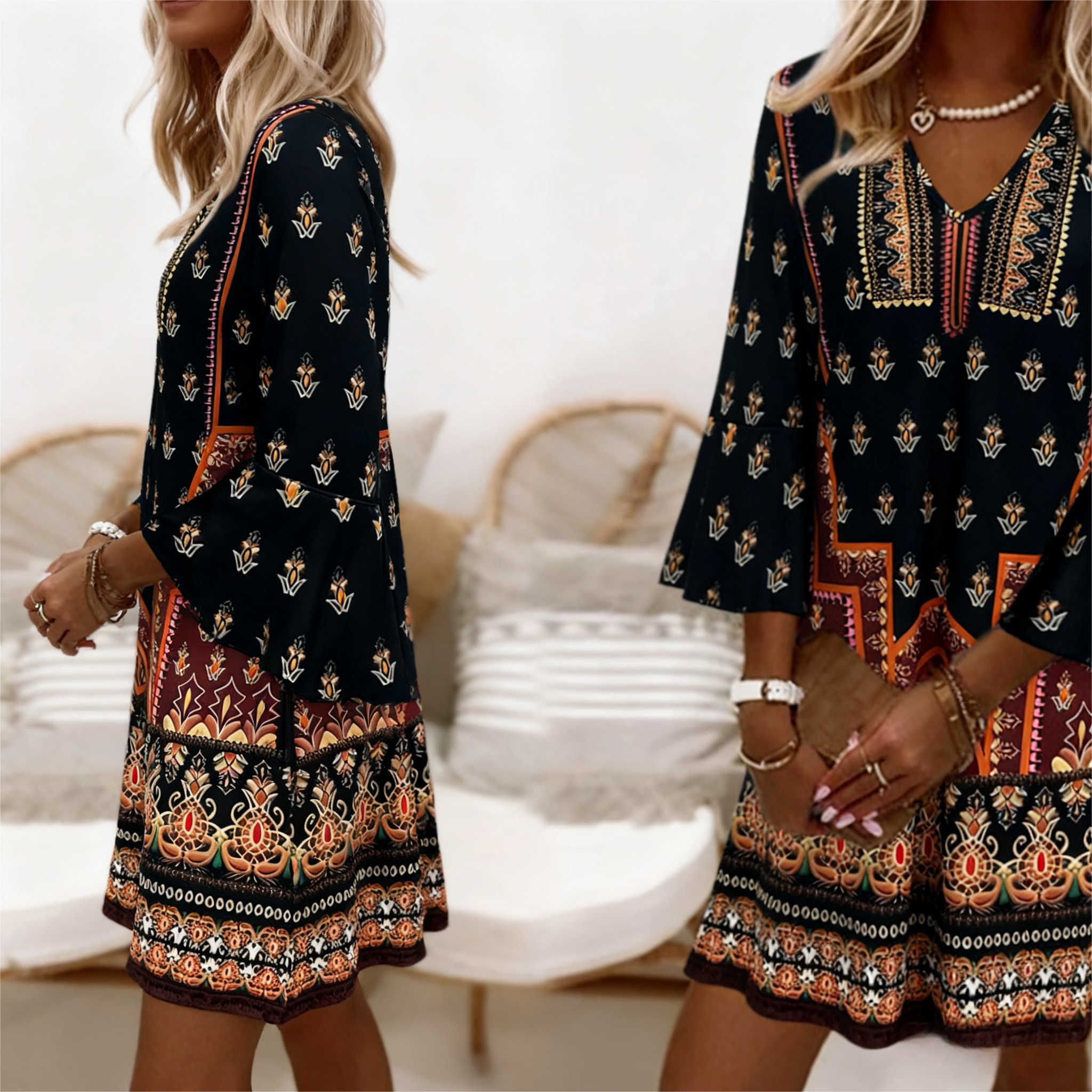 Women's Autumn New Ethnic - Style Printed Dress - Elegant & Casual Office - Wear Black Dress-CF53946