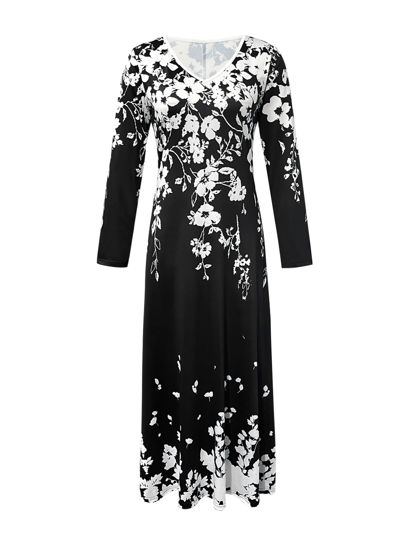 Women's Spring Autumn New Floral Printed Maxi Dress - Elegant Versatile Office & Casual Black Dress-CF40616