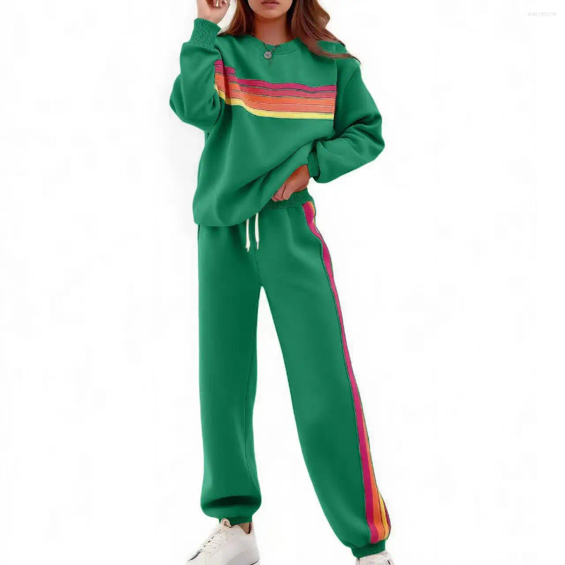 Women's Tracksuits 2025 Autumn And Winter Round Neck Loose Colored Elastic Waist Trousers Sweatshirt Set