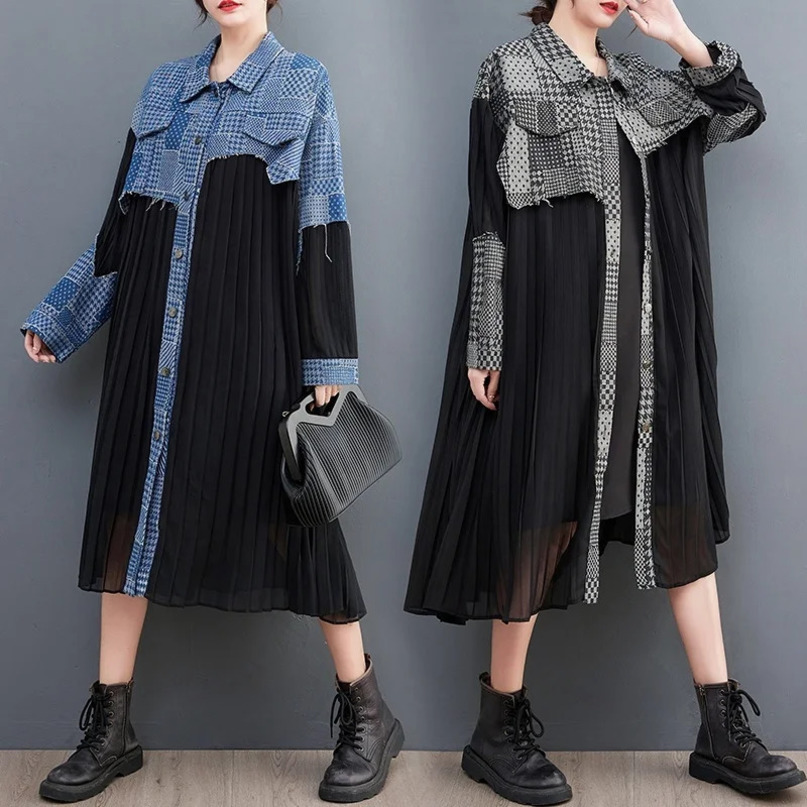 #2178 Spring Pleated Long Shirt Dress Women Denim Spliced Chiffon Sleeve Loose Vintage Midi Female Button 240329
