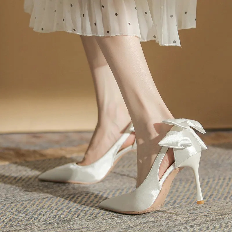 Spring And Summer White Pointy High Heels Ladies Thin Heel Single Shoes Butterfly Wedding Shoes Small Bride Shoes 251009