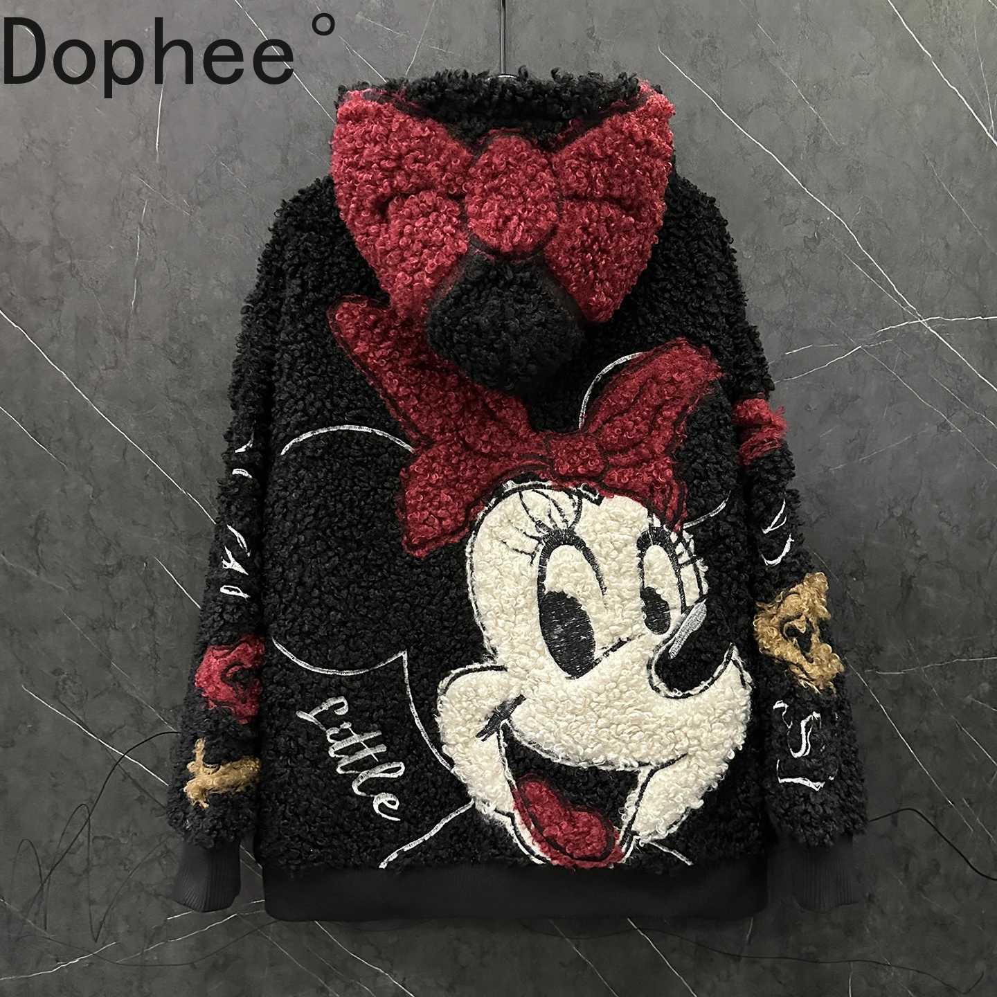 Fashion Autumn Winter Fluffy Overcoat Cute Minnie Loose Hooded Zip Cardigans Coat Midlong Long Slve Swt Lambswool Jacket L251010GQ0Z