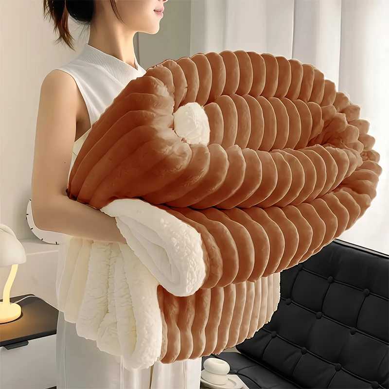 1pc Weighted Sherpa Fleece Blanket Soft Warm Faux Rabbit Fur Softness Beige White Striped Contemporary Bedspread for Bed C251011