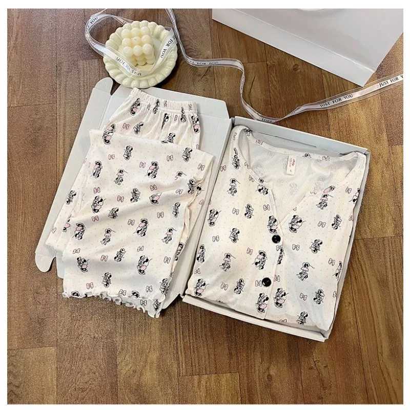 Cartoon Minnie Bow Dot Print Twopiece Set Pajamas Vneck Fashion Korean Casual Home Clothes Set Autumn New Fashion Sleepwear Y251010