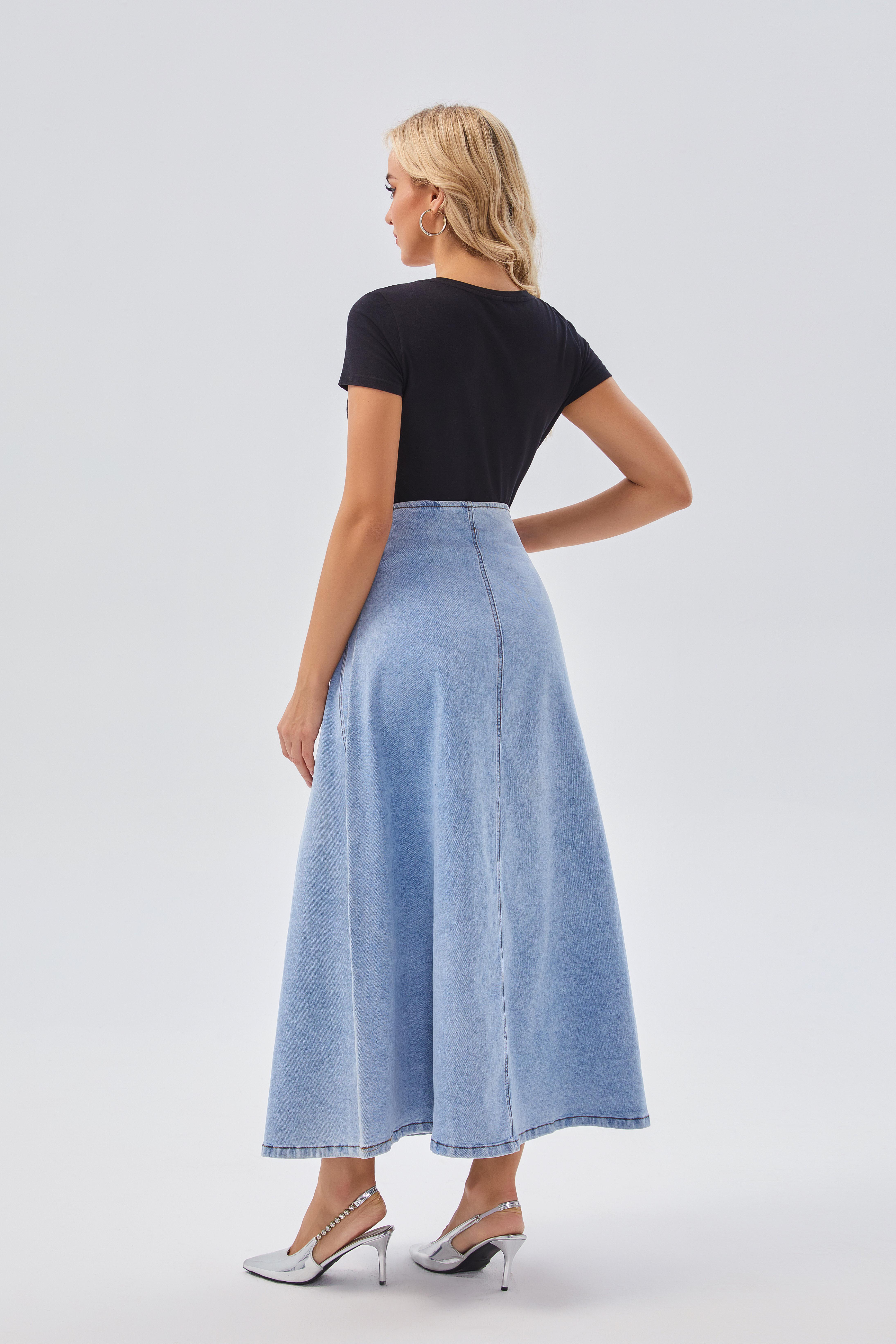 Skirts Women's Asymmetric Button - Up Light Blue Denim Midi Skirt - Trendy & Versatile, Perfect for Casual & Semi - formal Occasions