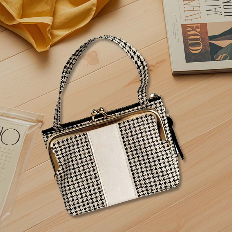 Wallets Women's Houndstooth Pattern Top Handle Wallet - Stylish Frame Clutch with Zipper, Retro Chic Purse for Daily & Casual Outings STBR2