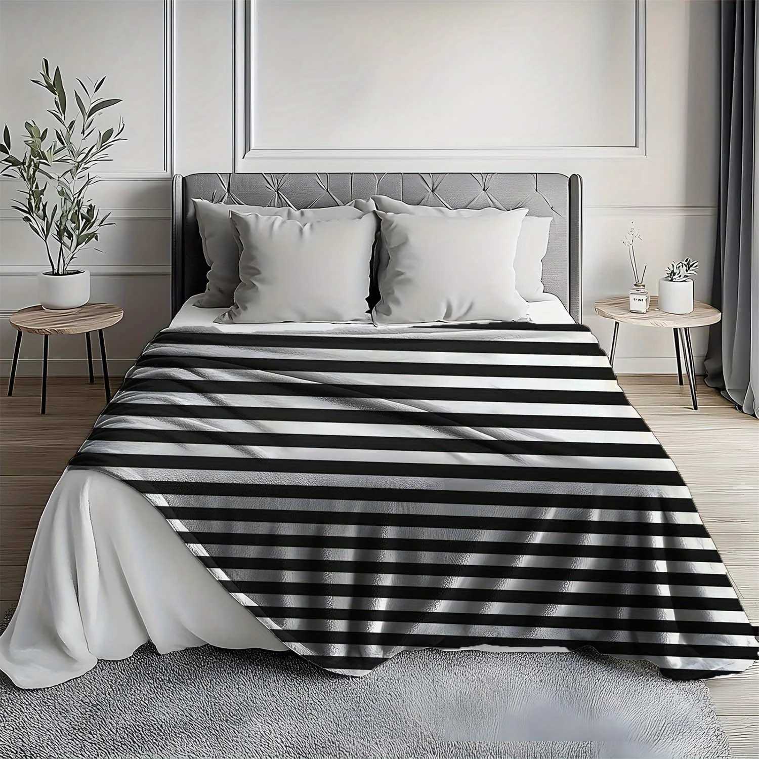 1pc Retro Striped Flannel Blanket Soft Warm AllSeason Throw for Sofa Bed Car Camping Office Cozy Black White Stripes Home C251011