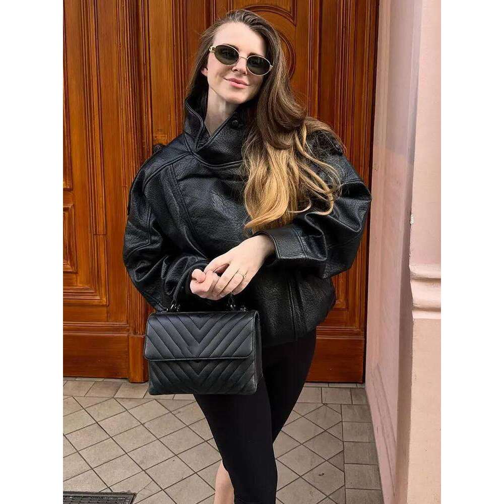 HH 2025 Autumn Women Pu Leather Jacket Vintage Solid Loose Long Sleeve Zipper Turtleneck Coat Casual Office Lady Outerwear
