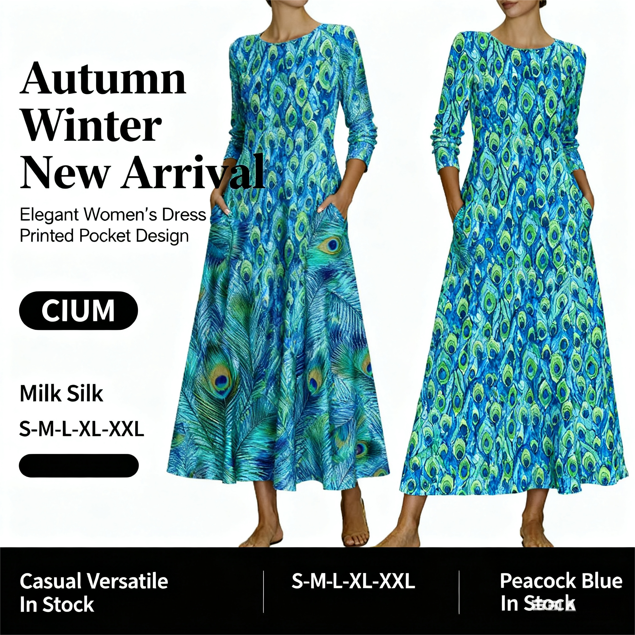 Women's Autumn Winter New Peacock - Printed Midi Dress with Pockets - Elegant & Versatile Peacock Blue Dress-CF56336