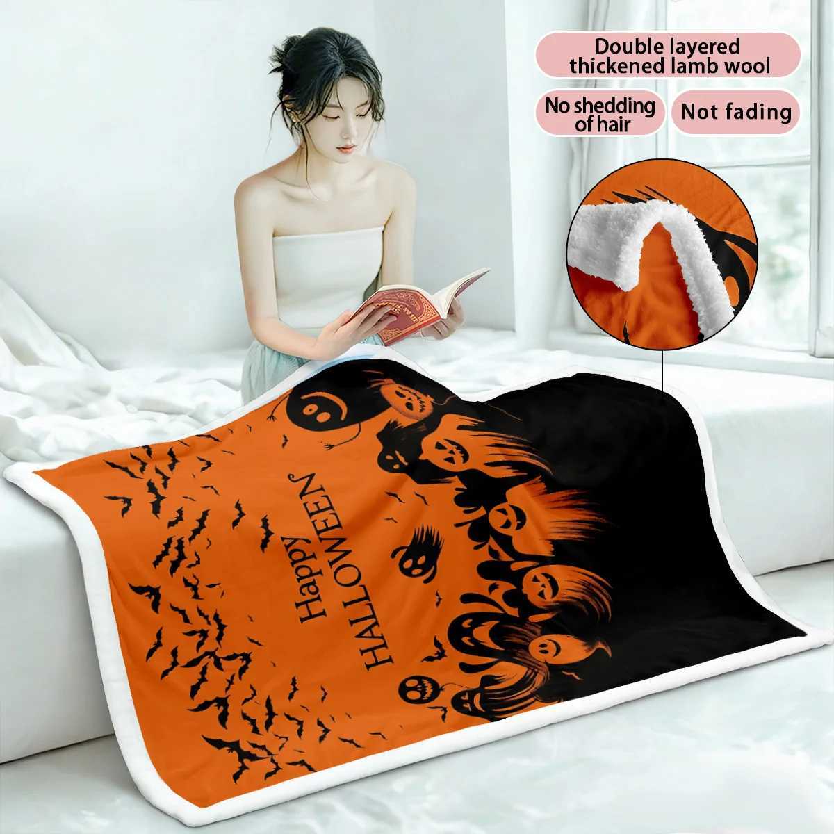 1pc Halloween Ghost Print Imitation Lamb Fleece Blanket Multi Size Living Room Nap Leisure Blanket Comfortable Machine Washable C251011