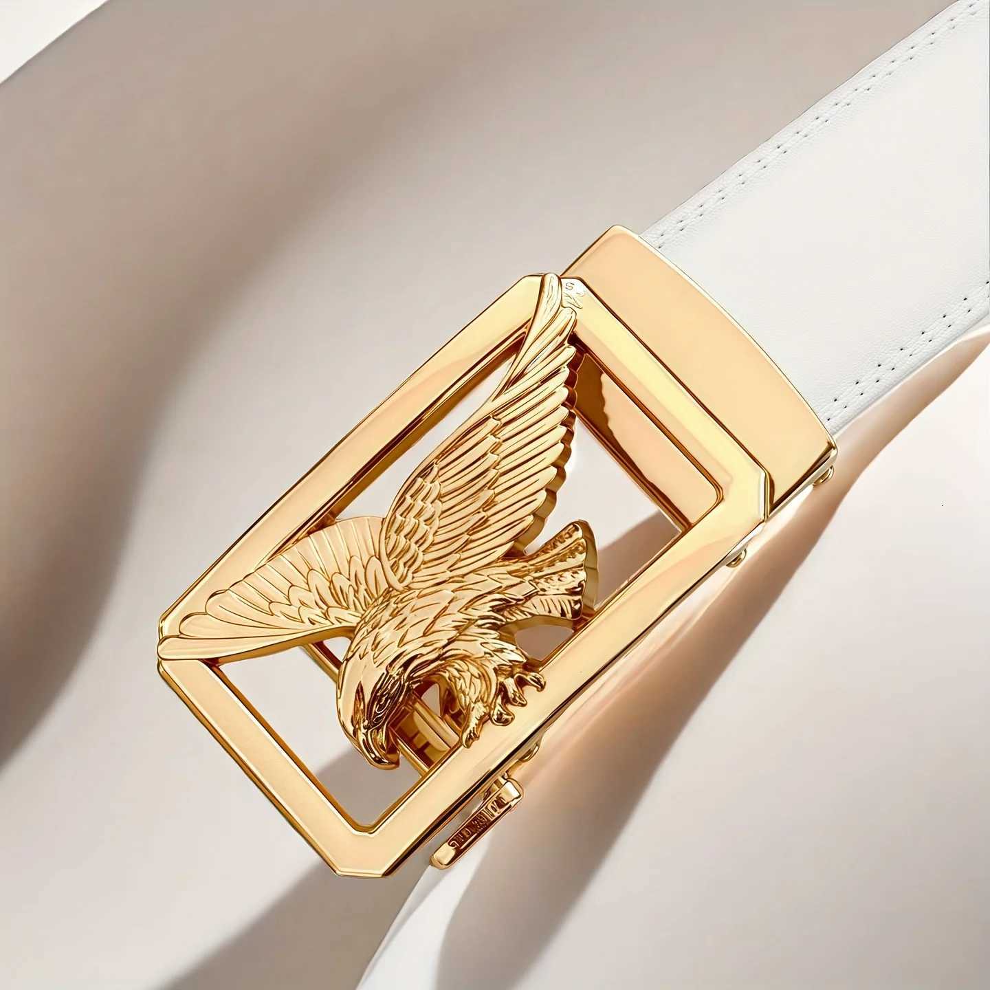 Mens White Automatic Buckle Belt with GoldenTone Metallic Design Stylish Faux Leather BusinESS Casual Belt for Men Z251011