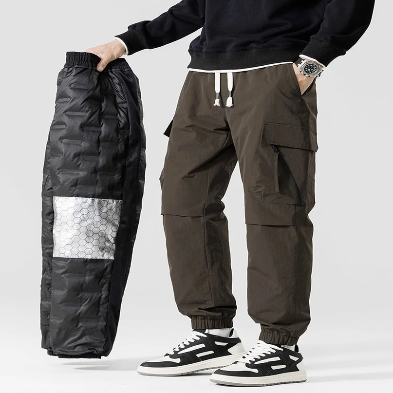 Winter Mens Running Inflatable Pants 90% White Duck Underpad Multi Pocket Thick Warm Cargo Windproof 241115