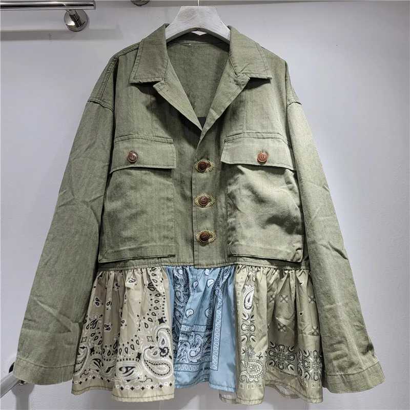 DEAT Womens Denim Coat Patchwork Printed Design Big Pockets Single Breasted Loose Jackets 2025 Autumn New Fashion 29A3449 L251010O8B0