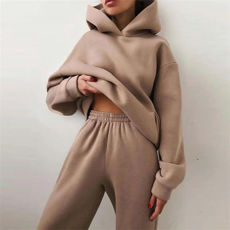 Womens Tracksuit Suit Autumn Fashion Warm Hoodie Sweatshirts Two Pieces Oversized Solid Casual Hoody Pullovers Long Pant Sets 250729