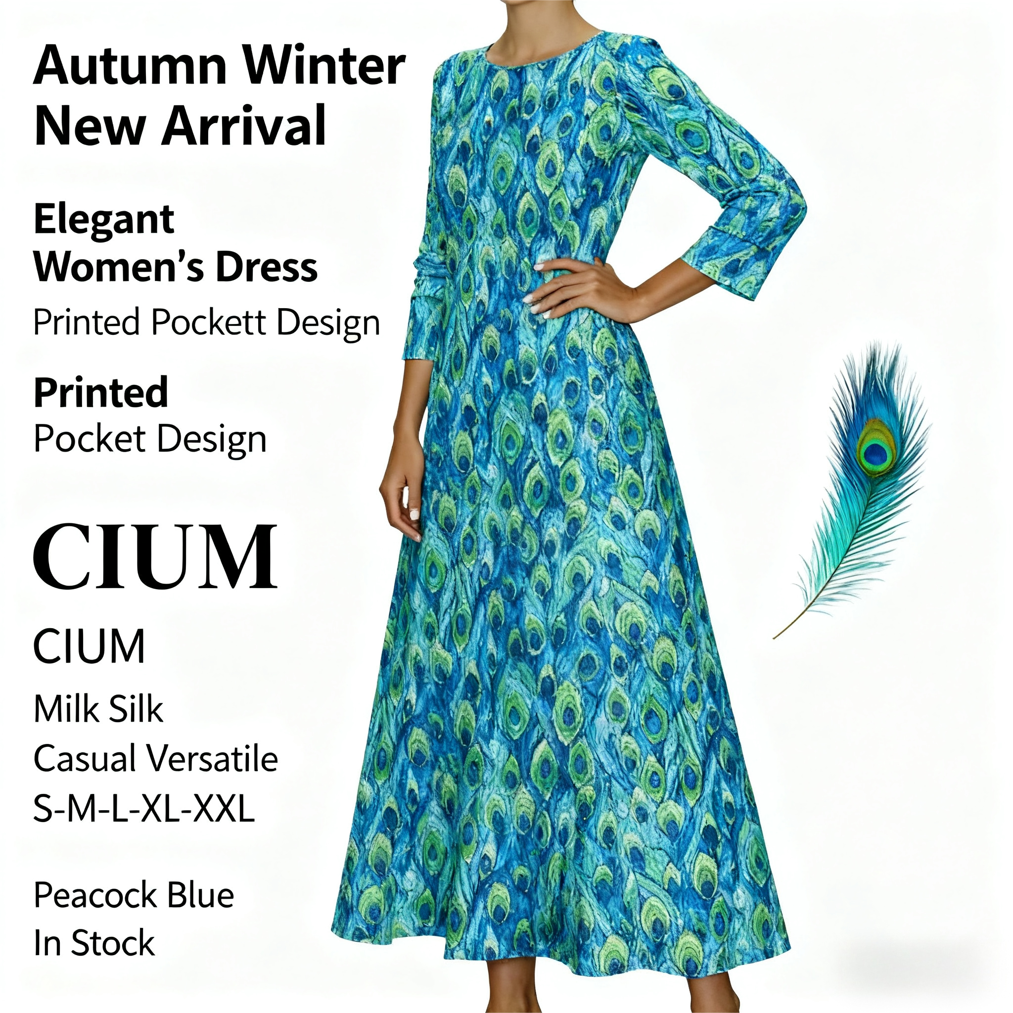 Women's Autumn Winter New Peacock - Printed Midi Dress with Pockets - Elegant & Versatile Peacock Blue Dress-CF56336