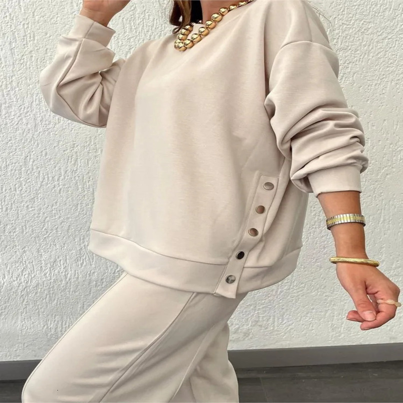 Casual sports style pants set womens solid color button up sweatshirt Trouser twopiece sportswear 241008