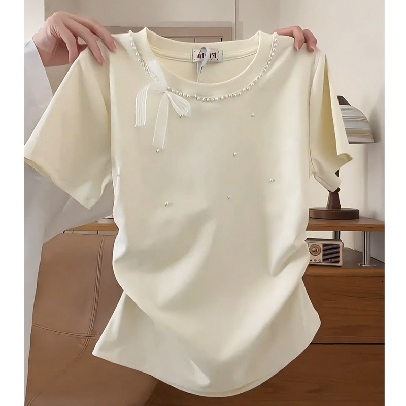 Plus Size French Style Bowknot Off-shoulder Short Sleeve Designer Shirt T-shirt For Women Designer Hoodie Summer Design Sense Beaded Unique Top Apricot Color