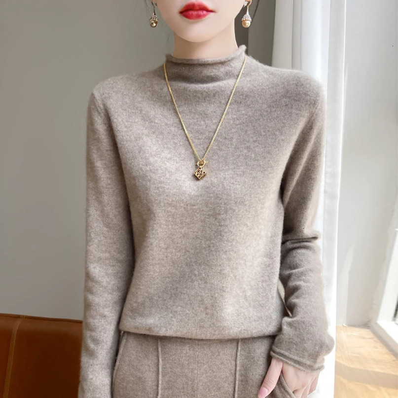 100% Wool Knitted Sweater Women Half High Collar Long Sleeve Tops Autumn Winter Korean Fashion Casual Loose Warm Female Pullover 241021