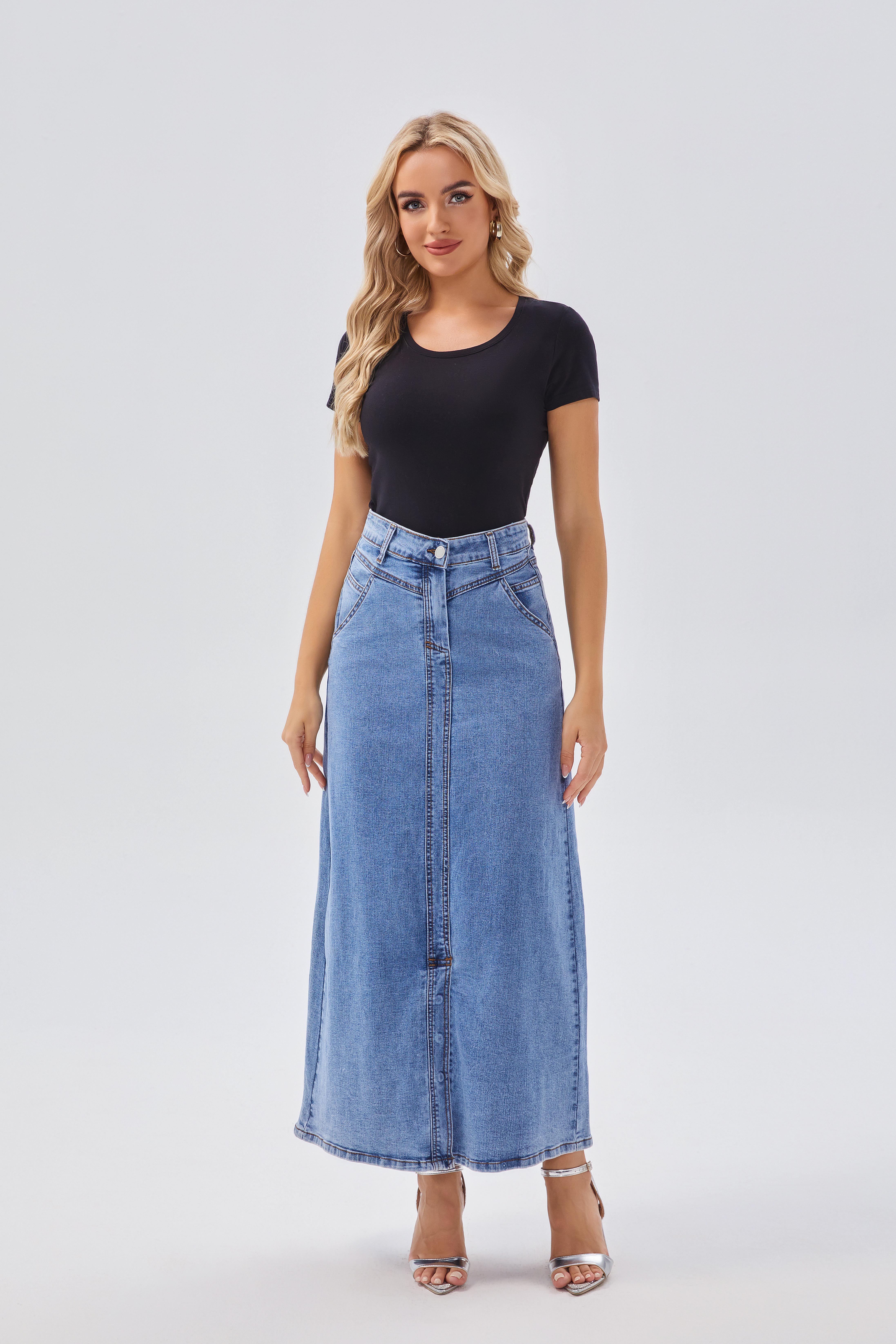 Skirts Women's High - Waisted Button - Front Denim Maxi Skirt - Casual & Versatile, Ideal for Daily & Weekend Wear