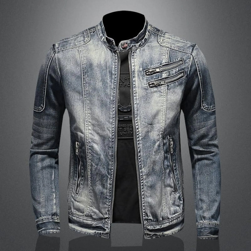 Vintage Denim Jacket With Zip Stand Up Cotton Slim Fit Outwear Man Fashion Casual Windbreaker Male Clothes Winter Men 250218