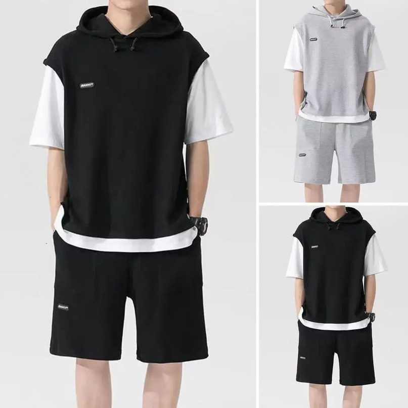Loose Breathable Tshirt Shorts Set Twopiece Fit Outfit Mens Casual Sport with Hooded Drawstring for Active 240518