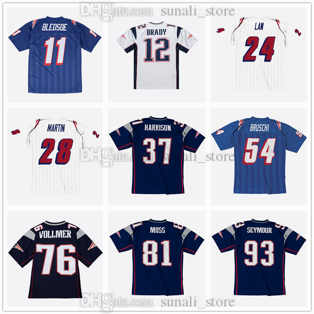 Vintage Football Jersey 12 Tom Brady 54 Tedy Bruschi 81 Randy Moss Drew Bledsoe Ty Law Curtis Martin Rodney Harrison Sebastian Vollmer Richard Seymour Retro Stitched