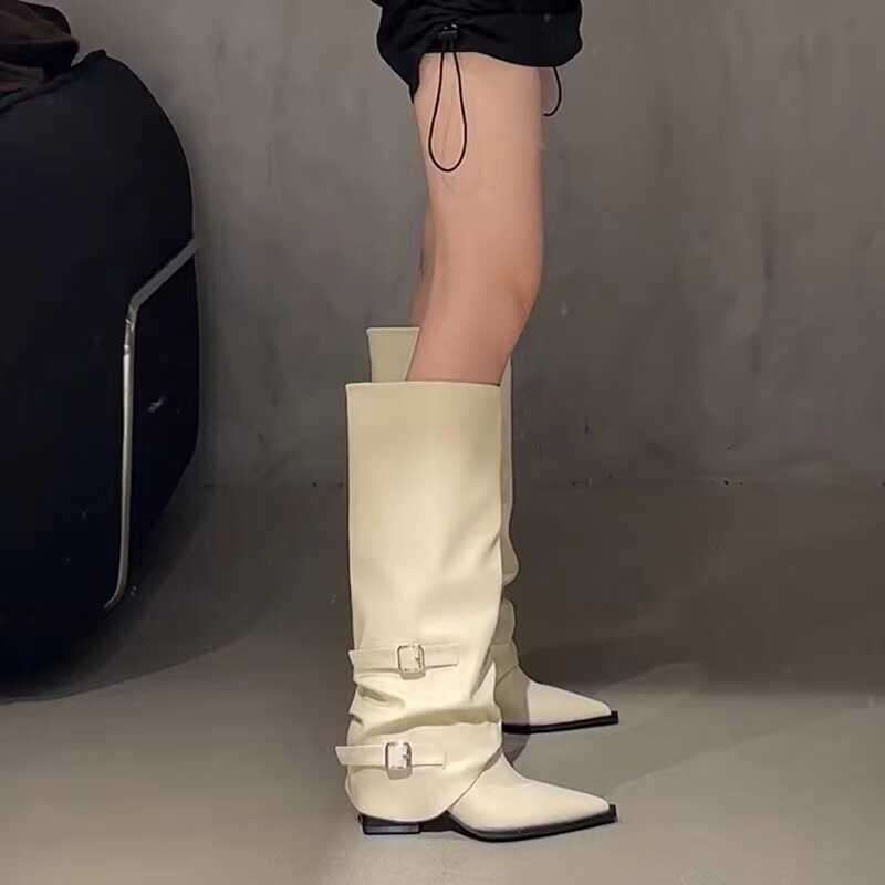 Designer Shoe White High Pants for Women, Chunky Heel Pointed Toe Over-the-Knee Long Boots with Belt Buckle