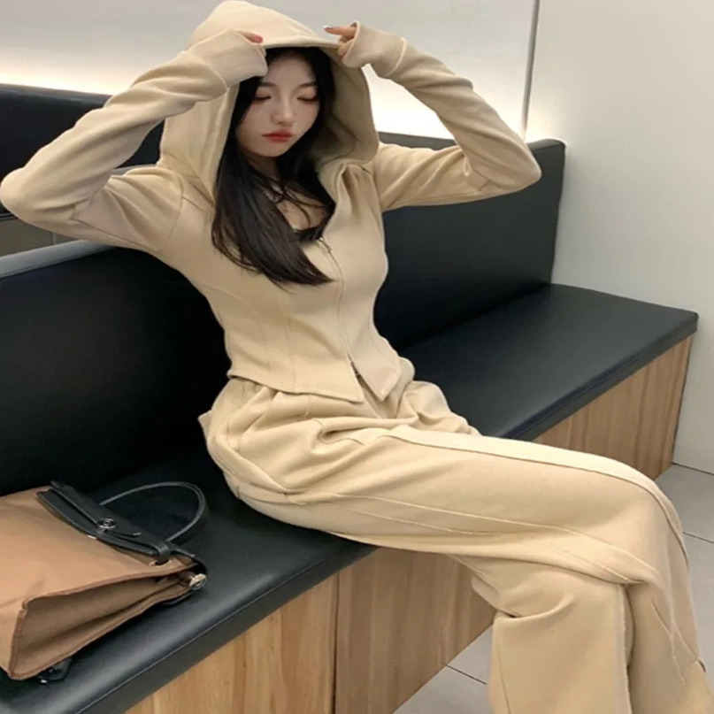 Y2K Solid Two Piece Tracksuit Womens Hoodie Zipper Jacket High Waist Wide Leg Pants Korean Fashion Street Slimming Set 241008